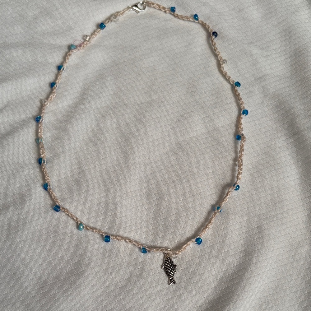 Elegant Crochet Silver Fish Pendant Necklace with‎ Blue Accents